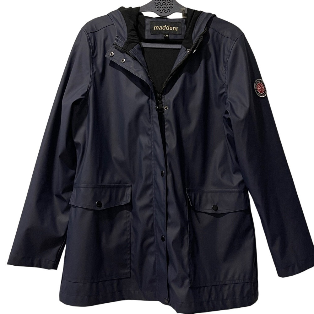 Madden NYC Women's‎ Navy Hooded Lined Rain Jacket Large